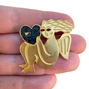 Vintage Jewelry Whimsical Brooch lady with black heart brooch unique pin Angel w
